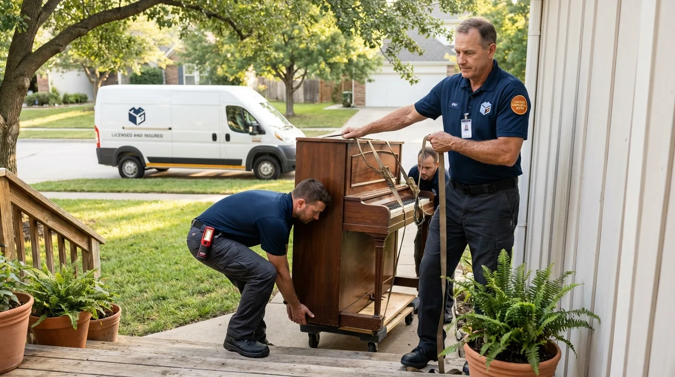 Licensed piano movers securing grand piano in Chester, WV