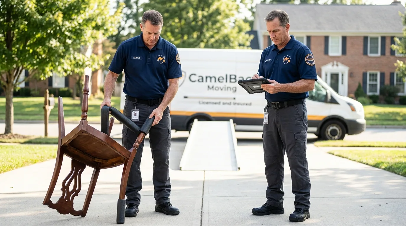 Movers inspecting furniture for damage prevention before loading in Chester, WV