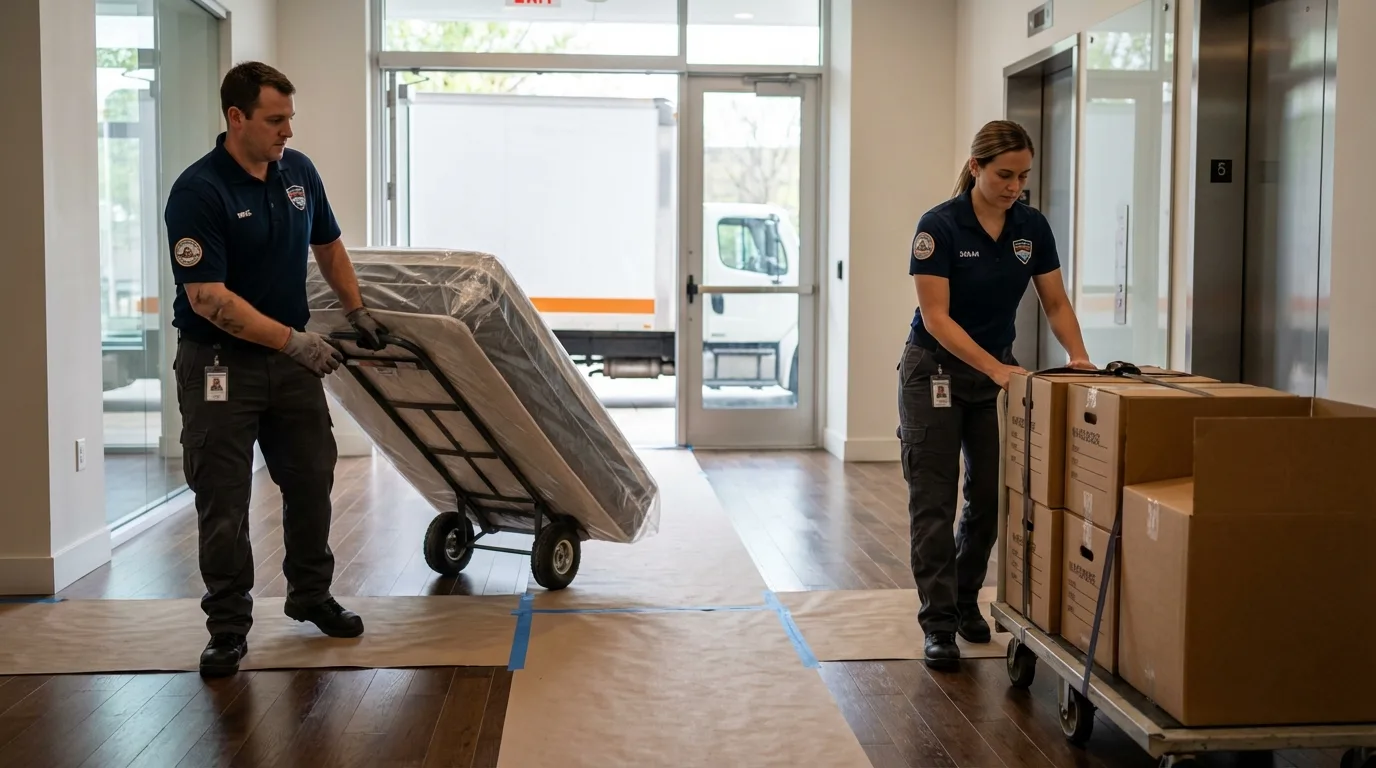 Professional apartment movers loading elevator in Chester, WV
